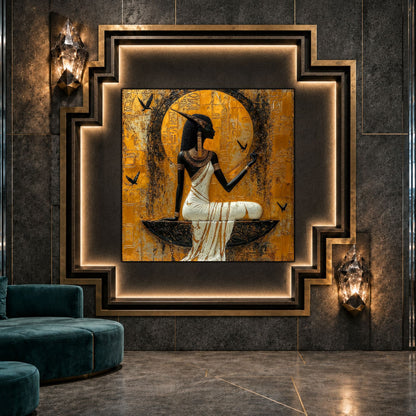 Tablou sticlă Ancestral Light ca punct focal într-un decor contemporan.
