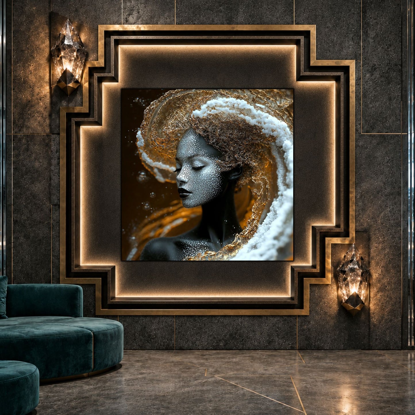 Tablou sticlă Ivory Tide ca punct focal într-un decor contemporan.