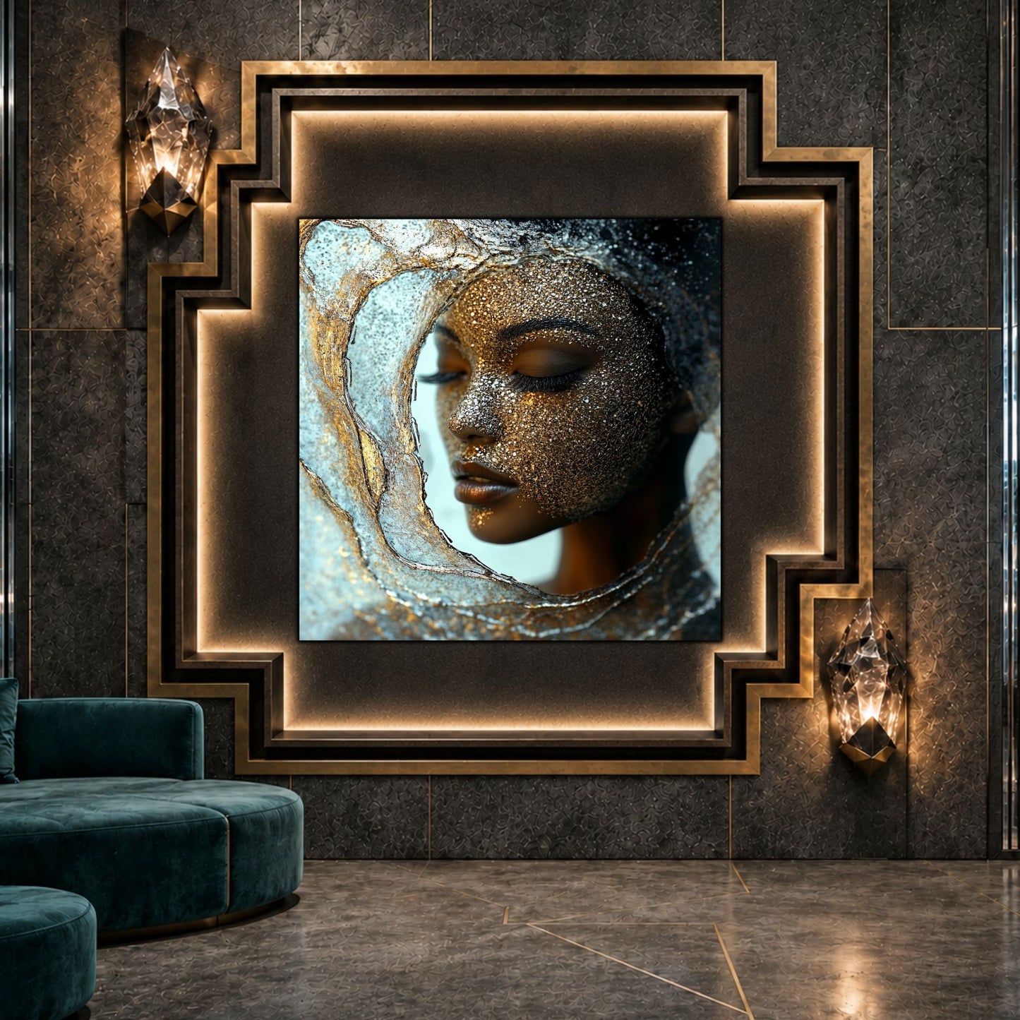 Tablou dormitor Inner Bloom ca punct focal într-un decor contemporan.