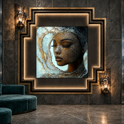 Tablou dormitor Inner Bloom ca punct focal într-un decor contemporan.