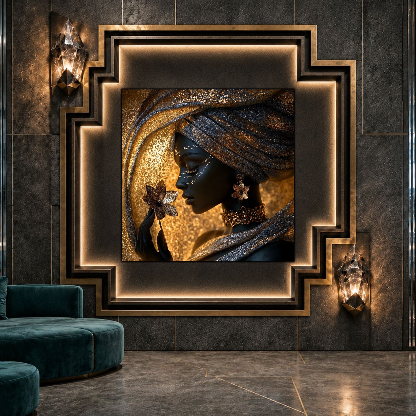 Tablou dormitor Moonlit Veil ca punct focal într-un decor contemporan.