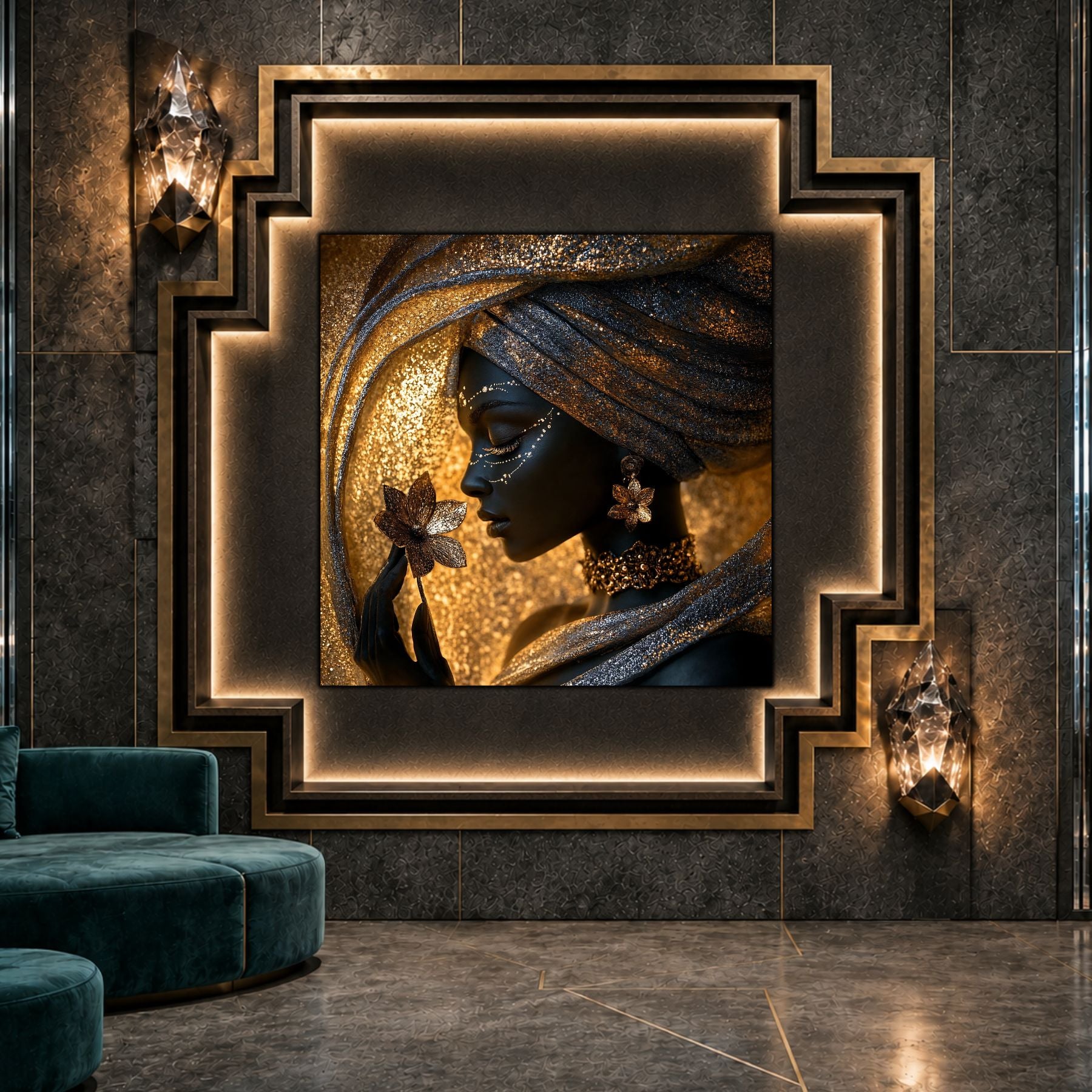 Tablou dormitor Moonlit Veil ca punct focal într-un decor contemporan.