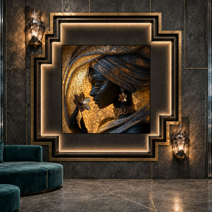 Tablou dormitor Moonlit Veil ca punct focal într-un decor contemporan.