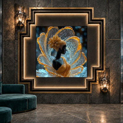 Tablou dormitor Frozen Bloom ca punct focal într-un decor contemporan.