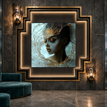 Tablou sticlă Cracked Silence ca punct focal într-un decor contemporan.