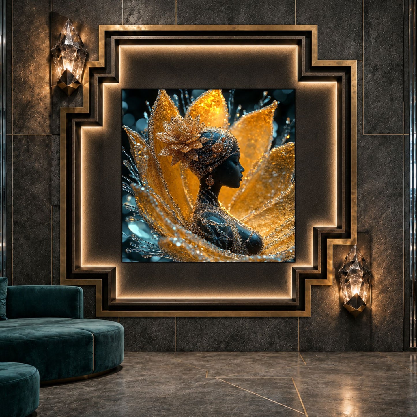 Tablou dormitor Water Offering ca punct focal într-un decor contemporan.