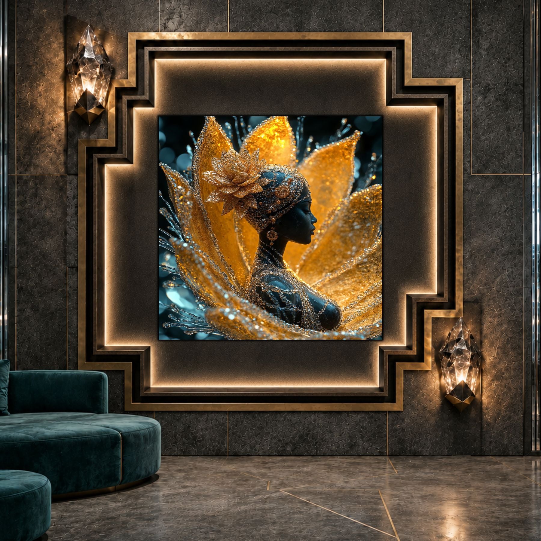 Tablou dormitor Water Offering ca punct focal într-un decor contemporan.