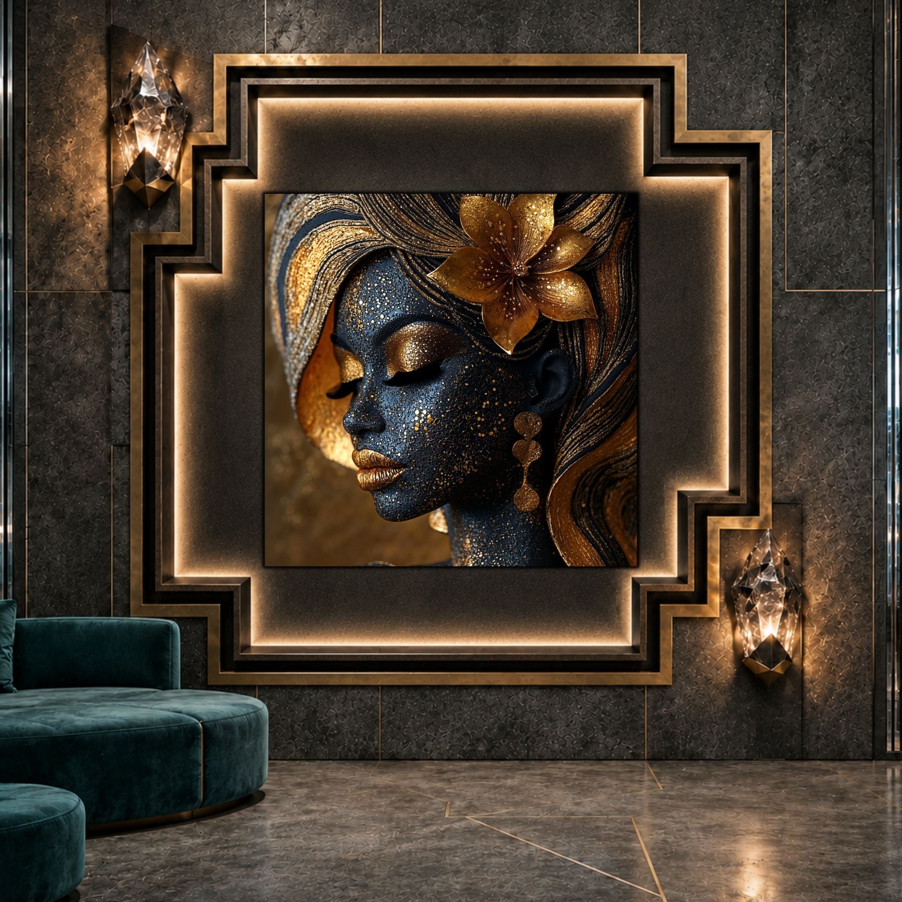 Tablou sticlă Golden Petal ca punct focal într-un decor contemporan.