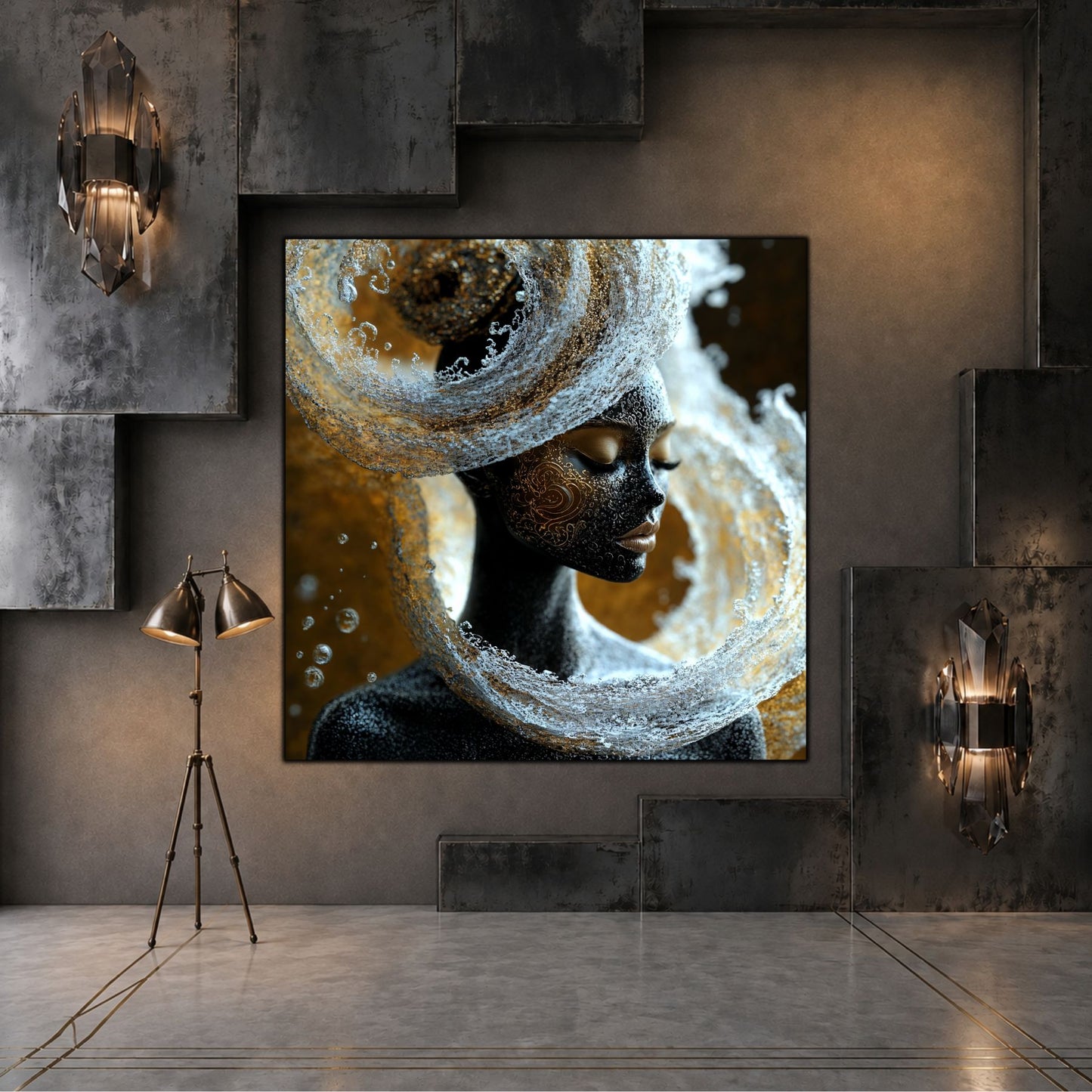 Tablou living Tidal Crown într-un spațiu rafinat, cu lumină caldă și finisaje minerale.