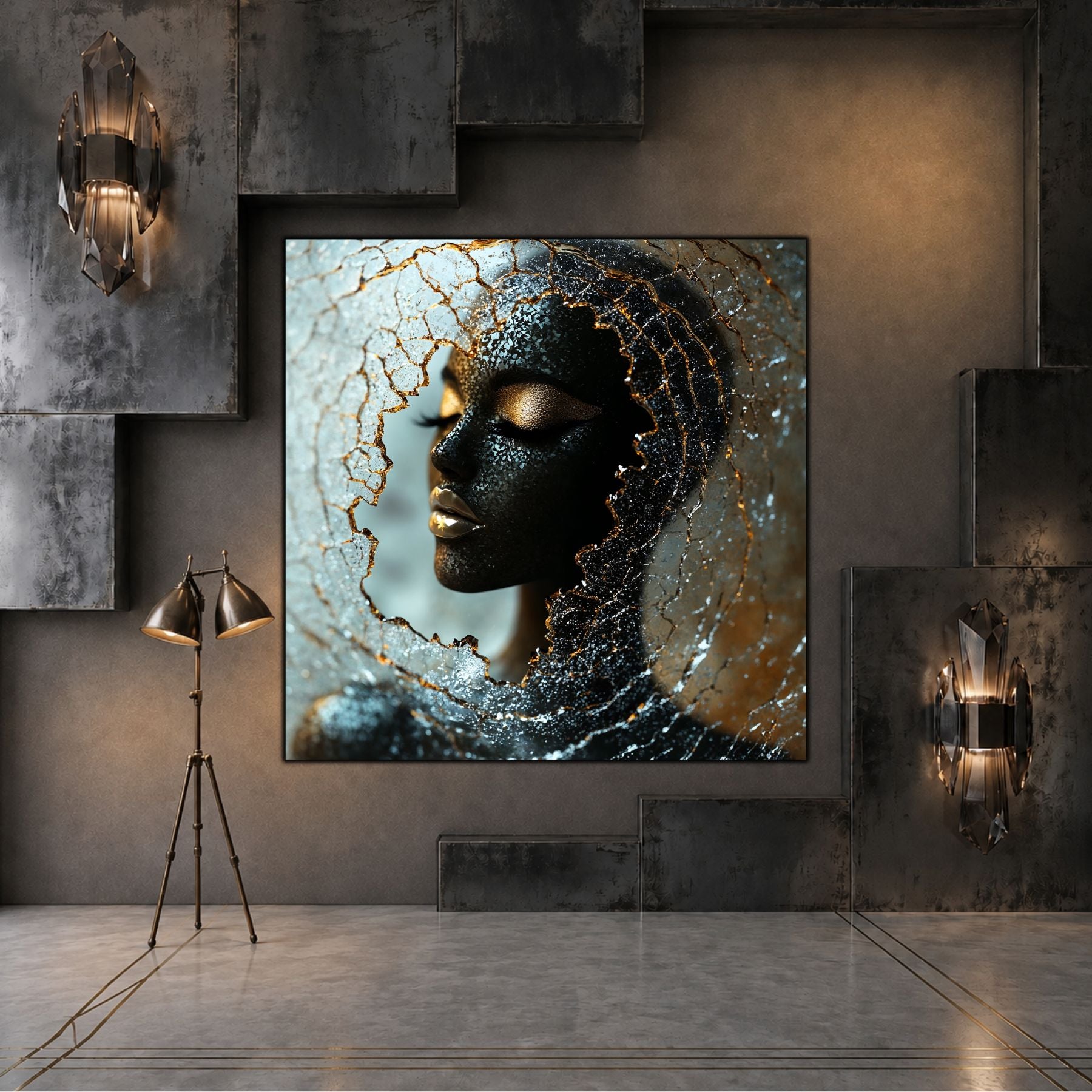 Tablou living Veil of Ice într-un spațiu rafinat, cu lumină caldă și finisaje minerale.