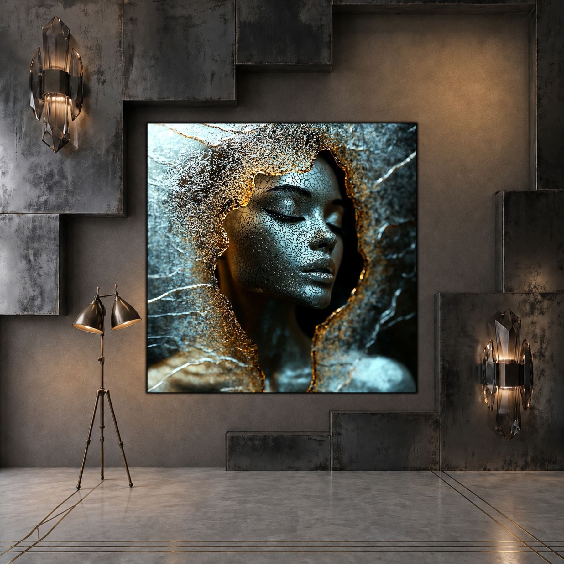 Tablou living Quiet Shard într-un spațiu rafinat, cu lumină caldă și finisaje minerale.