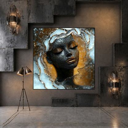Tablou living Veil of Stillness într-un spațiu rafinat, cu lumină caldă și finisaje minerale.