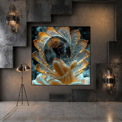 Tablou dormitor Lotus Vessel într-un spațiu rafinat, cu lumină caldă și finisaje minerale.