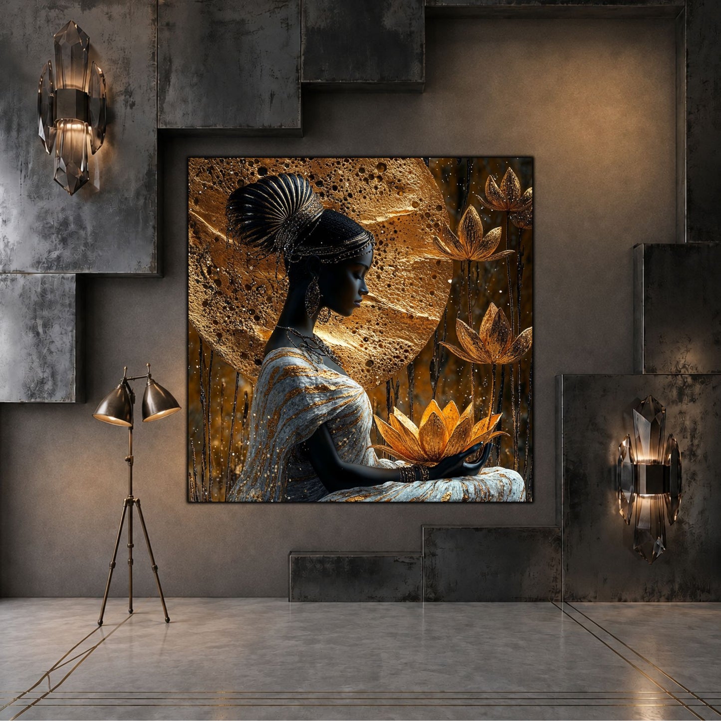 Tablou living Lotus Keeper într-un spațiu rafinat, cu lumină caldă și finisaje minerale.