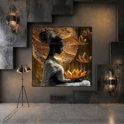 Tablou living Lotus Keeper într-un spațiu rafinat, cu lumină caldă și finisaje minerale.