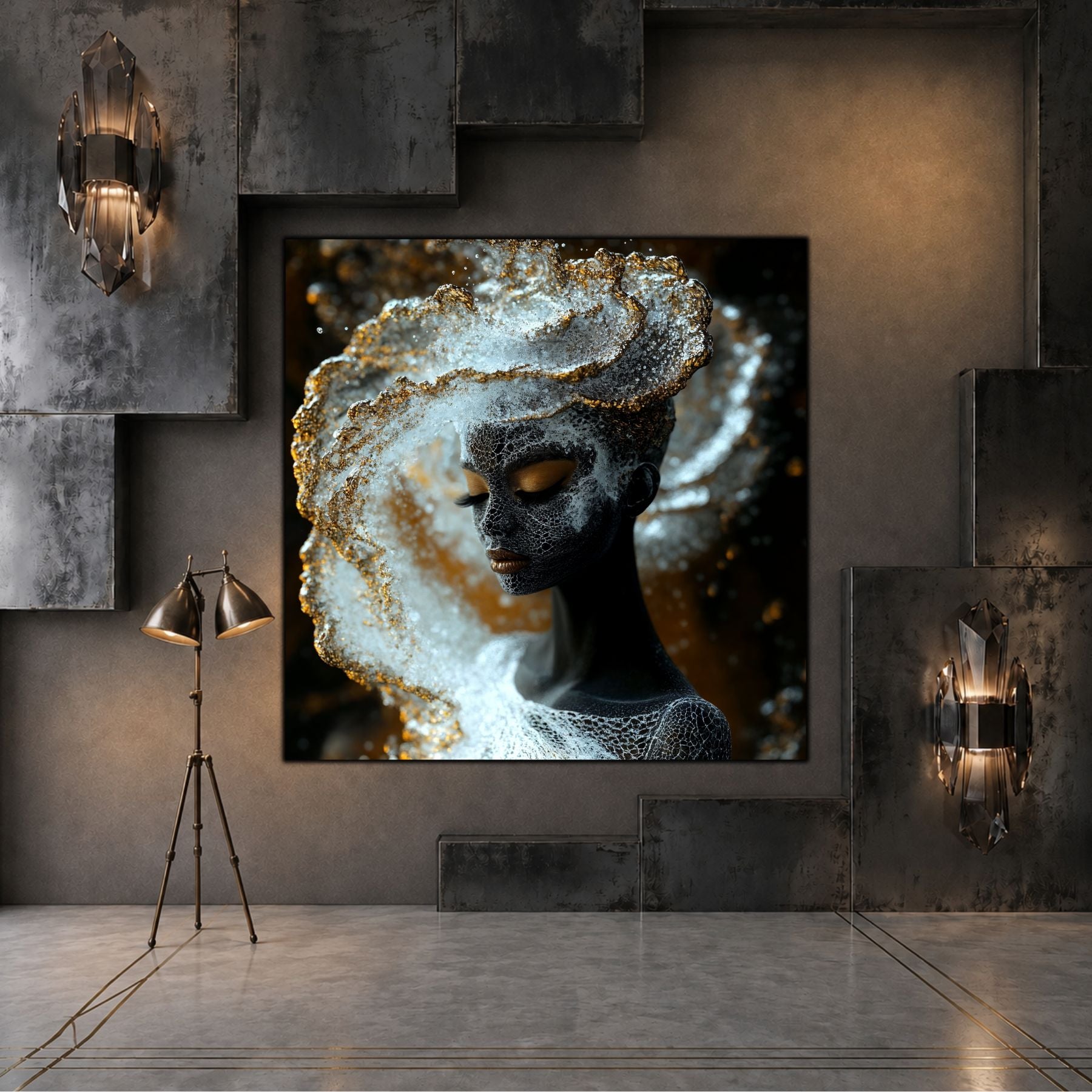 Tablou dormitor Frosted Crown într-un spațiu rafinat, cu lumină caldă și finisaje minerale.
