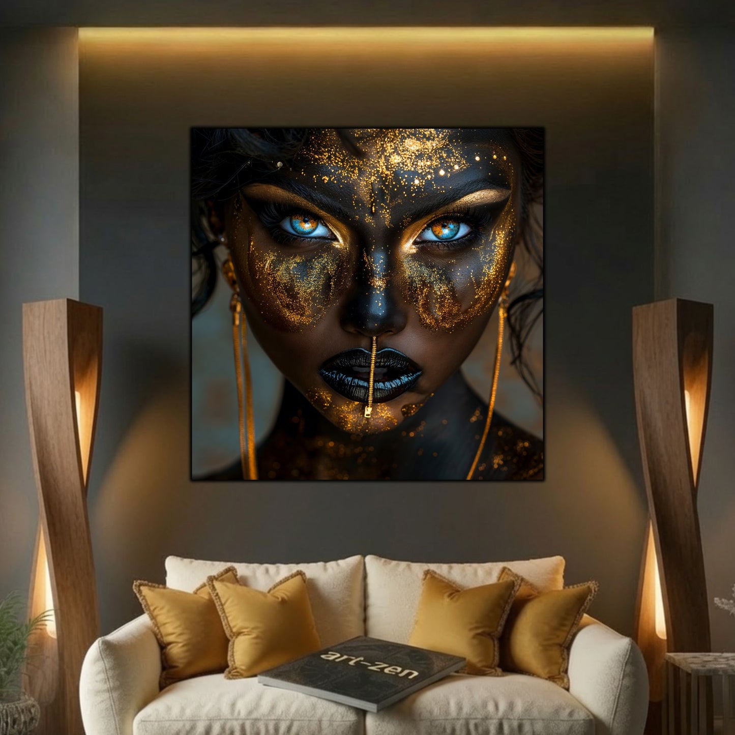 Tablou dormitor zen Golden Veil cu portret dramatic feminin in nuante dark si gold.