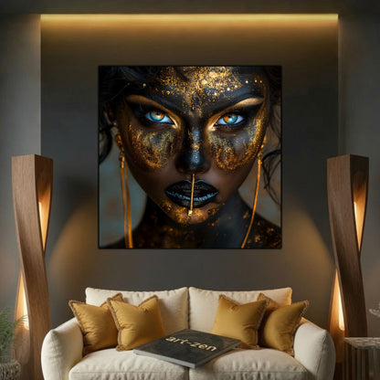 Tablou dormitor zen Golden Veil cu portret dramatic feminin in nuante dark si gold.
