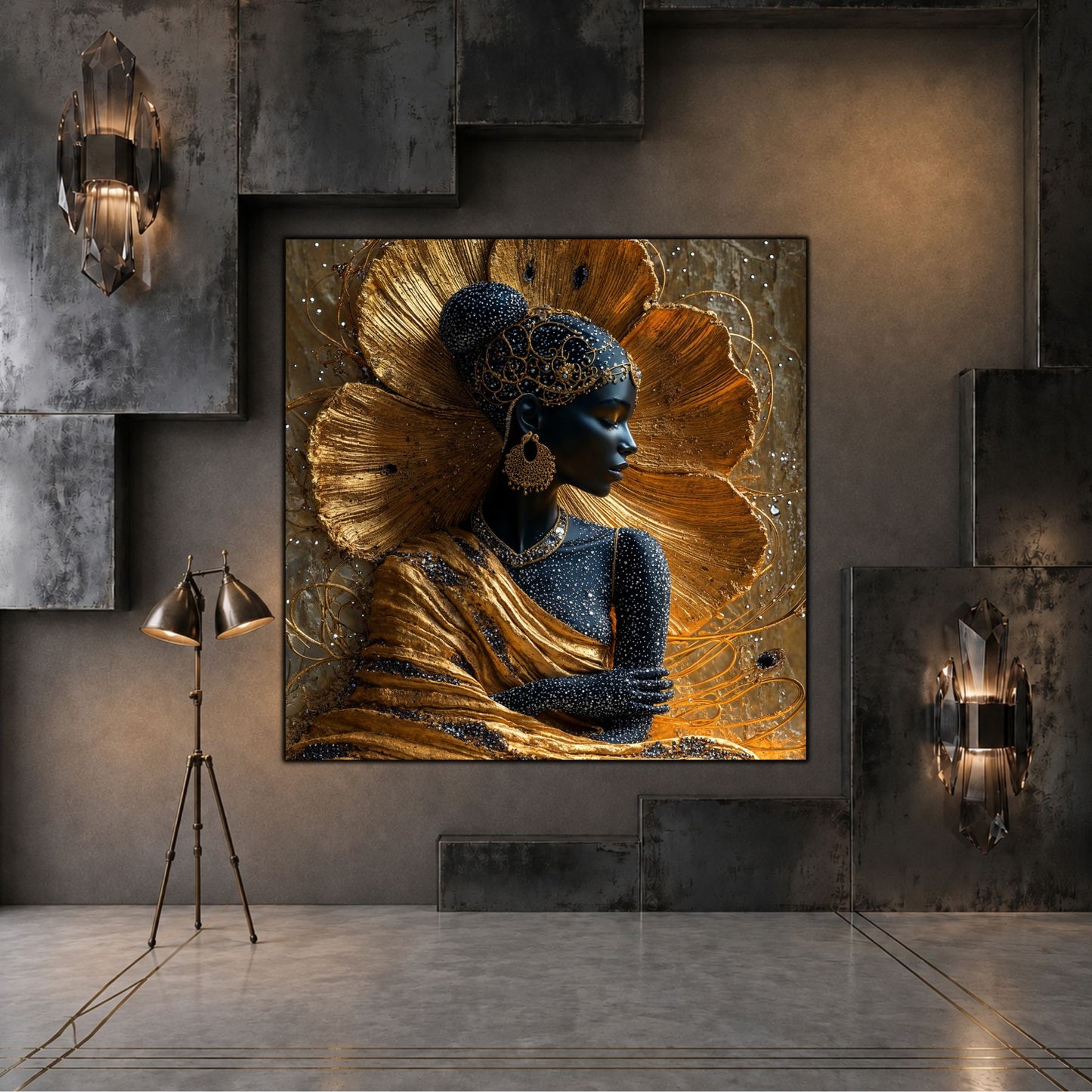 Tablou living Golden Contour într-un spațiu rafinat, cu lumină caldă și finisaje minerale.