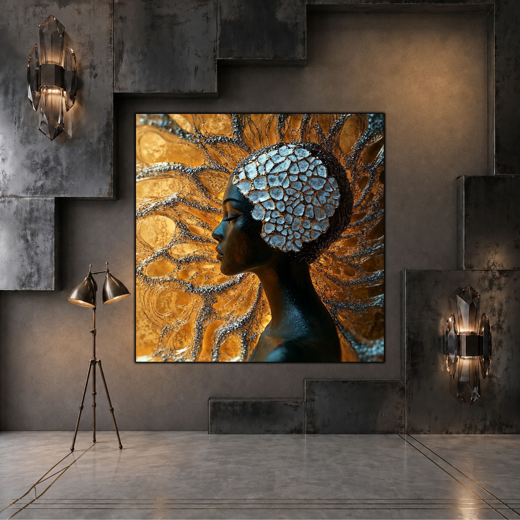 Tablou sticlă Golden Mosaic într-un spațiu rafinat, cu lumină caldă și finisaje minerale.