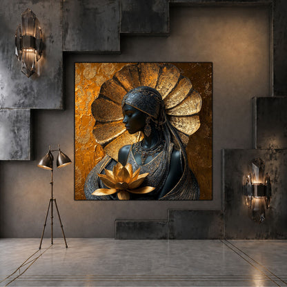 Tablou sticlă Lotus Guardian într-un spațiu rafinat, cu lumină caldă și finisaje minerale.