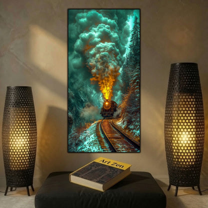Tablouri moderne sufragerie „Smoke Before Morning” pe sticlă securizată – mockup într-un living contemporan
