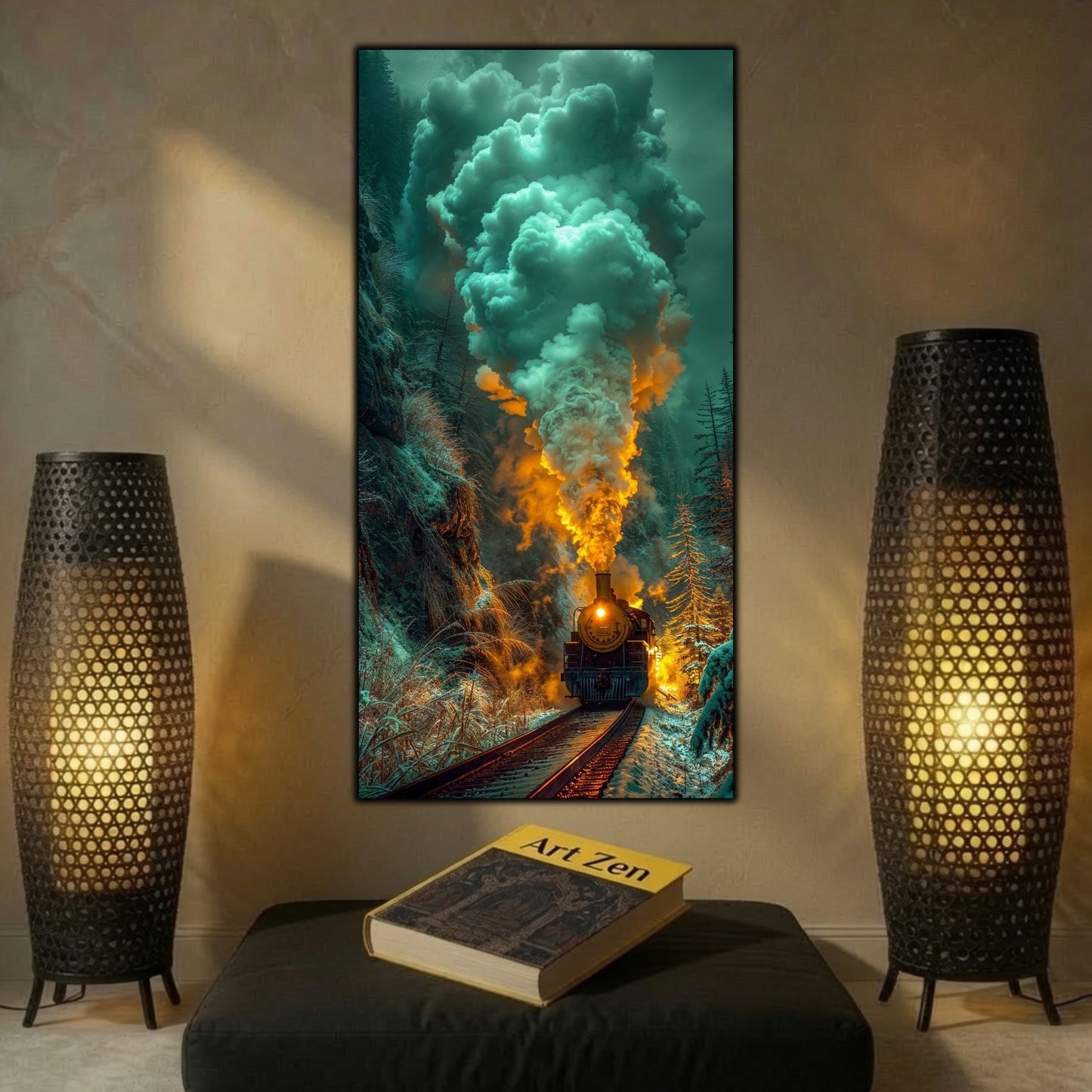 Tablouri moderne sufragerie „The Blue Smoke Line” pe sticlă securizată – mockup într-un living contemporan