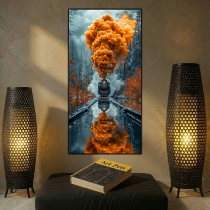 Tablouri moderne sufragerie „Orange Signal” pe sticlă securizată – mockup într-un living contemporan
