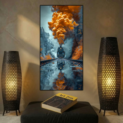 Tablouri moderne sufragerie „The Fire That Followed” pe sticlă securizată – mockup într-un living contemporan