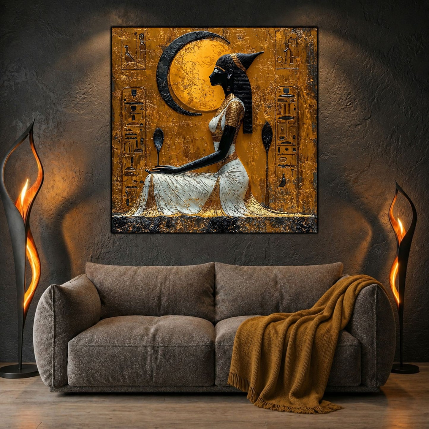 Tablou dormitor Moon Offering deasupra unui pat, într-un dormitor modern și liniștit.