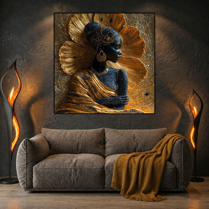 Tablou living Golden Contour deasupra unui pat, într-un dormitor modern și liniștit.