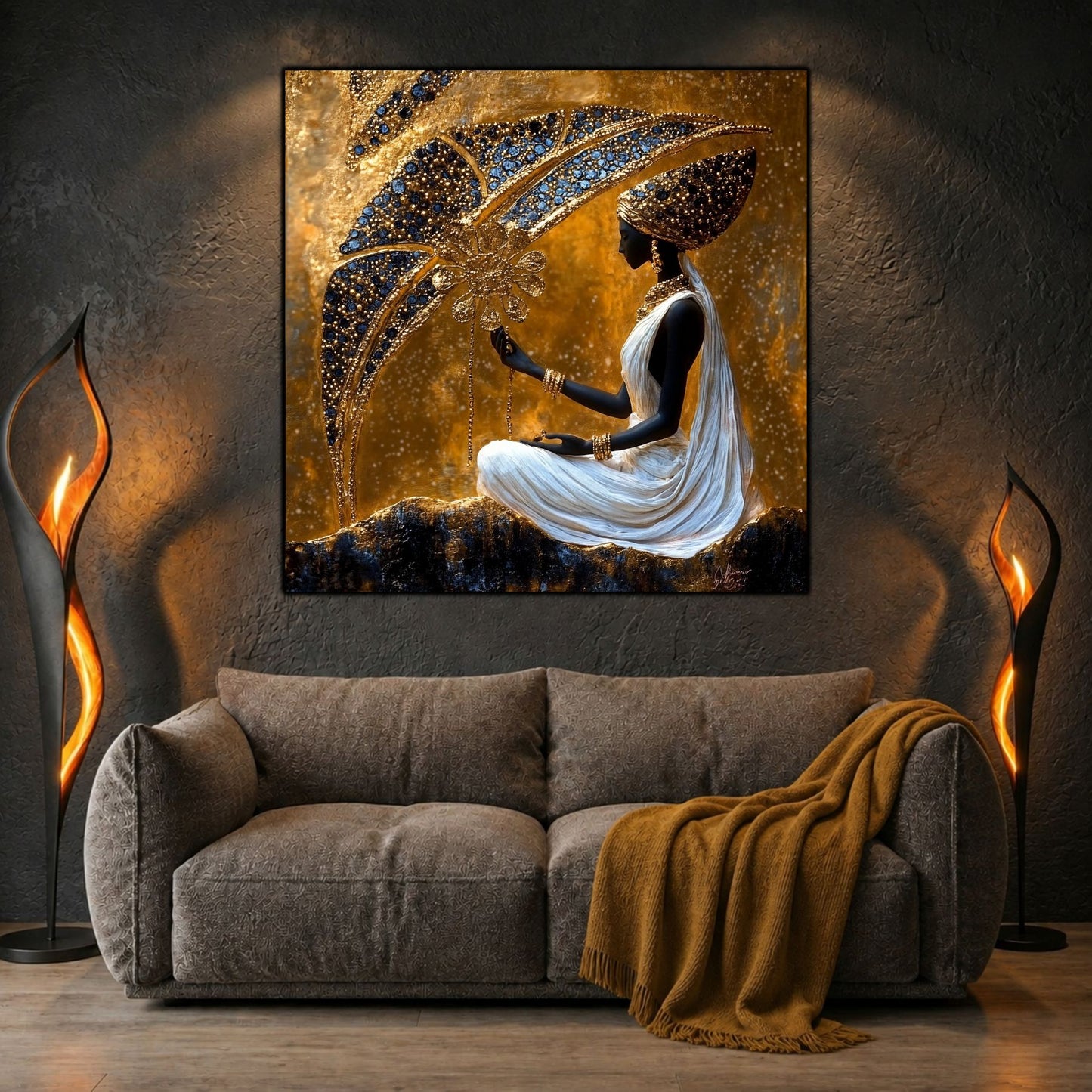 Tablou dormitor Water of Gold deasupra unui pat, într-un dormitor modern și liniștit.
