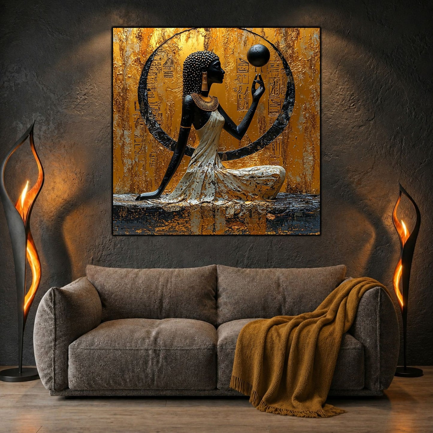 Tablou living Solar Ritual deasupra unui pat, într-un dormitor modern și liniștit.