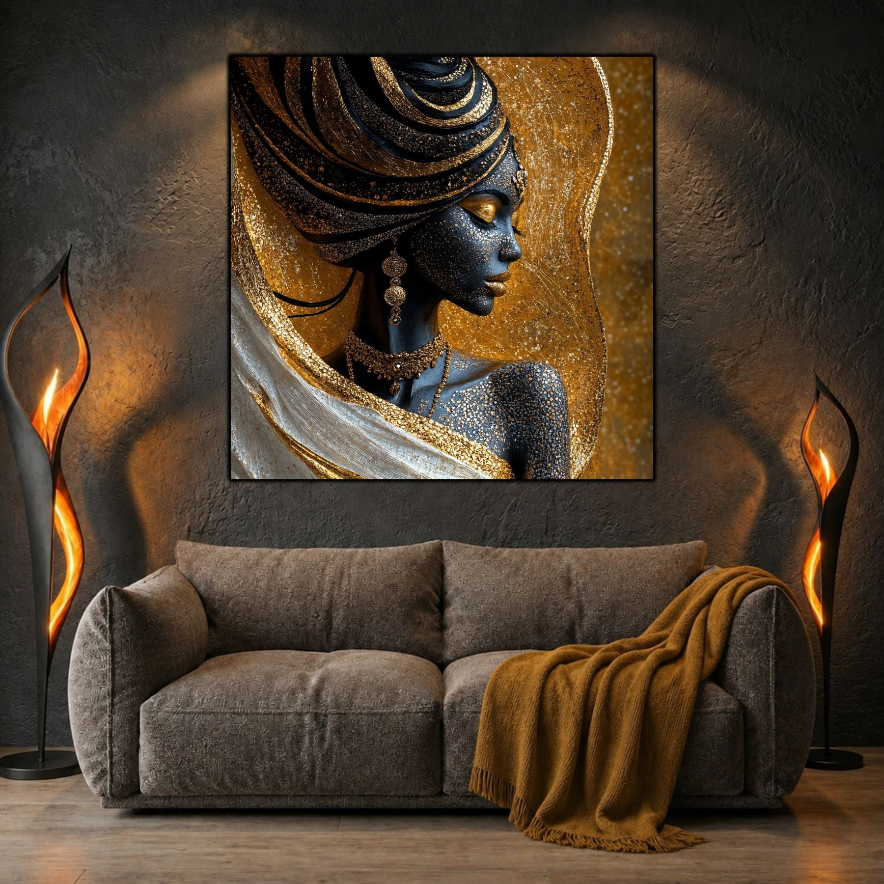 Tablou living Amber Veil deasupra unui pat, într-un dormitor modern și liniștit.