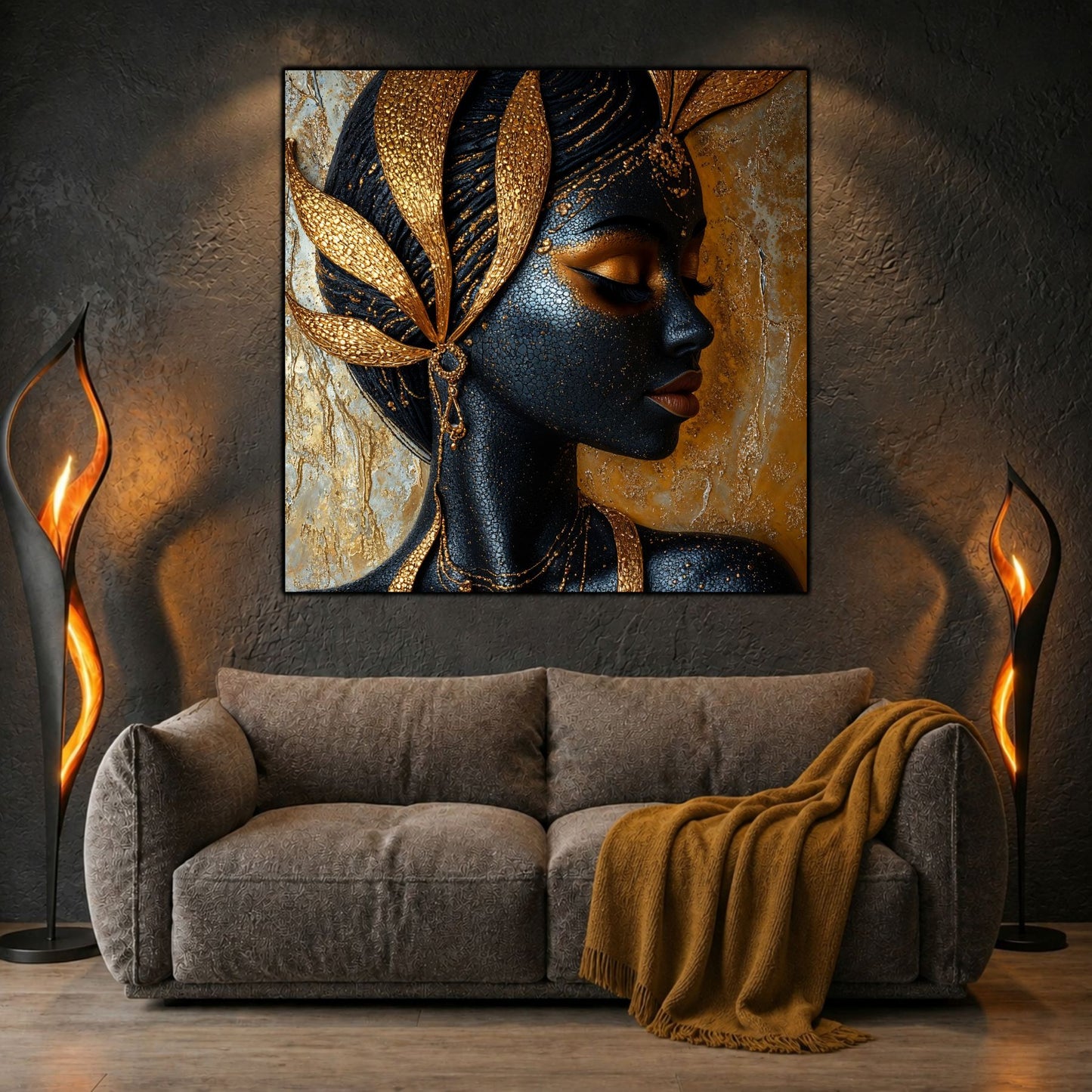 Tablou living Gilded Profile deasupra unui pat, într-un dormitor modern și liniștit.