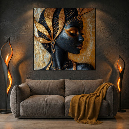 Tablou living Gilded Profile deasupra unui pat, într-un dormitor modern și liniștit.