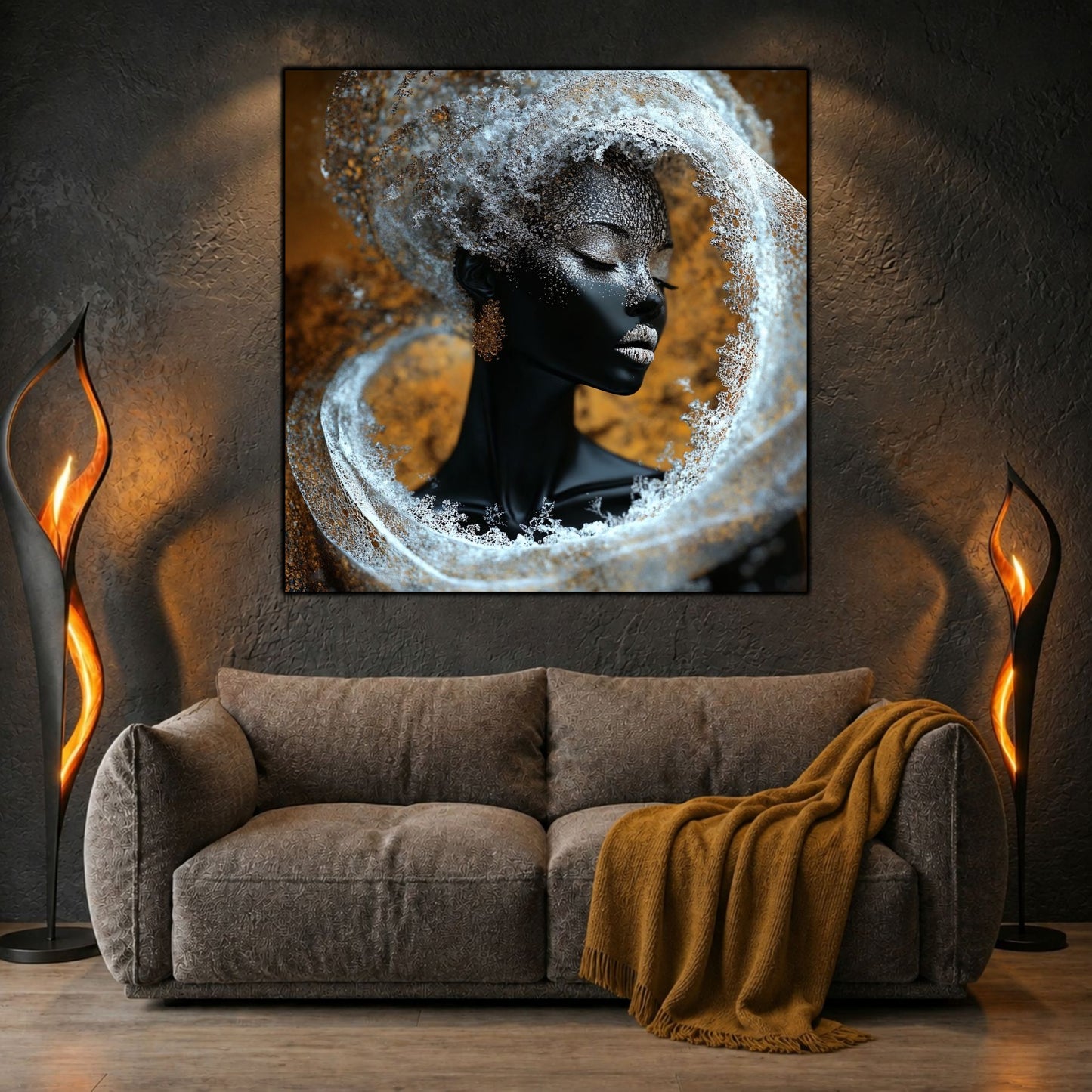 Tablou dormitor Silver Silence deasupra unui pat, într-un dormitor modern și liniștit.