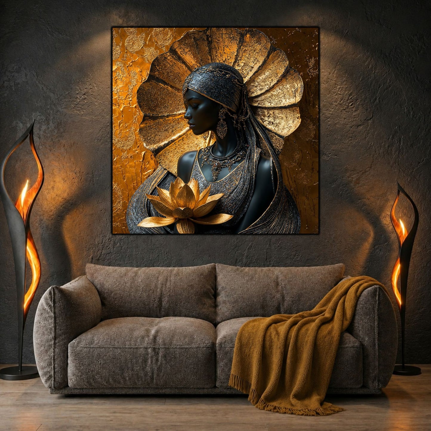 Tablou sticlă Lotus Guardian deasupra unui pat, într-un dormitor modern și liniștit.