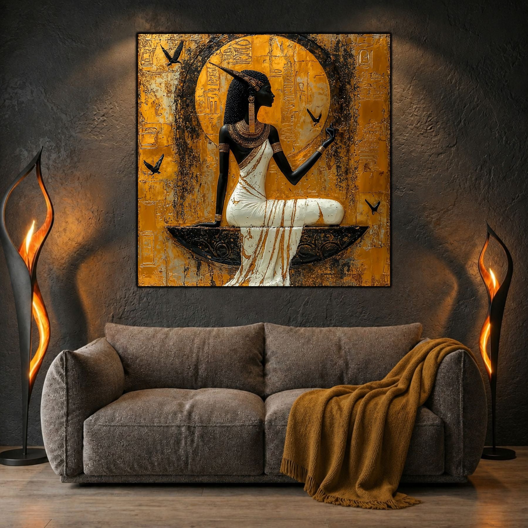 Tablou sticlă Ancestral Light deasupra unui pat, într-un dormitor modern și liniștit.