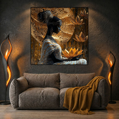 Tablou living Lotus Keeper deasupra unui pat, într-un dormitor modern și liniștit.