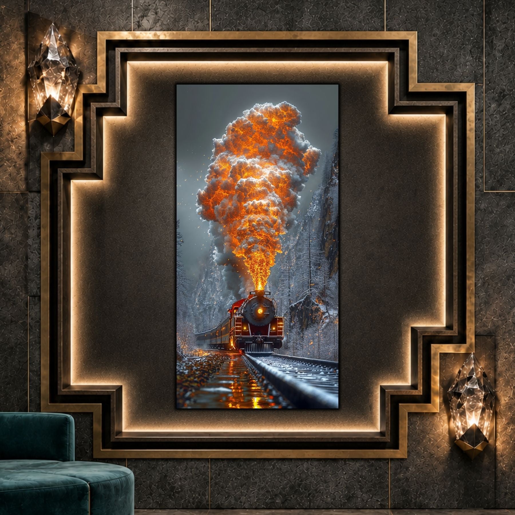 Tablouri moderne sufragerie „The Last Smoke” pe sticlă securizată – mockup într-un living contemporan