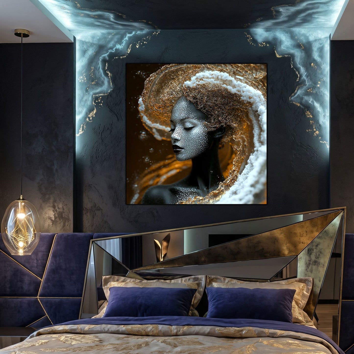 Tablou sticlă Ivory Tide, portret feminin abstract în aur, cyan și negru.