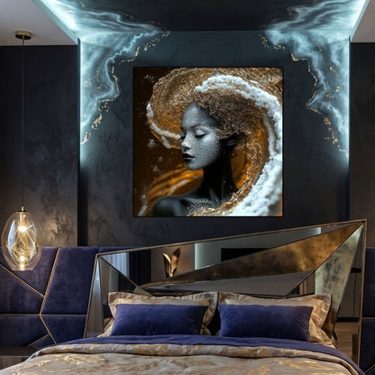 Tablou sticlă Ivory Tide, portret feminin abstract în aur, cyan și negru.