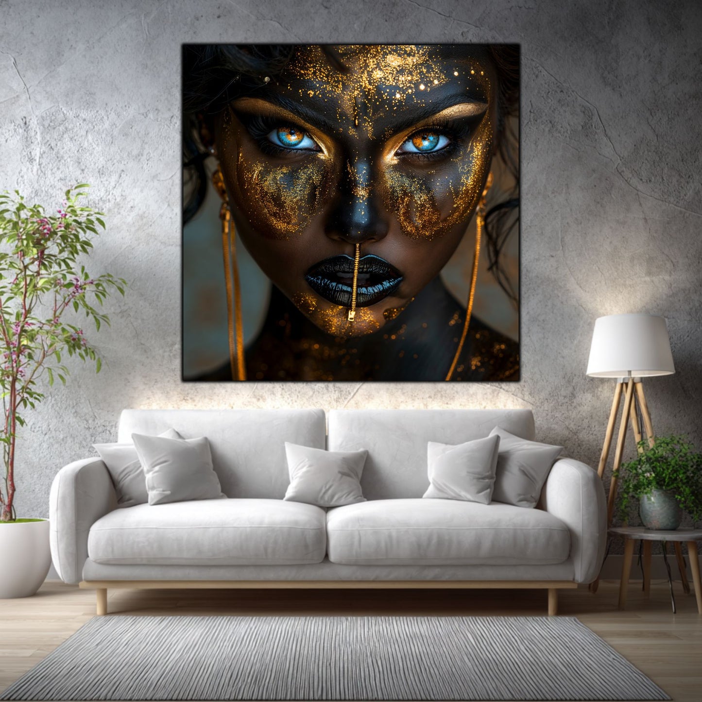 Tablou dormitor zen Golden Veil sticla securizata 4mm - mockup perspectiva 6
