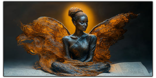 Tablou pentru living Halo of Ash pe sticlă securizată, figură feminină cu halo auriu și aripi erodate, colecția Sacred Stillness Art-Zen