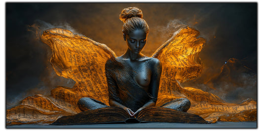 Tablou pentru living The Inner Halo pe sticlă securizată, figură feminină meditativă cu disc solar, colecția Sacred Stillness Art-Zen