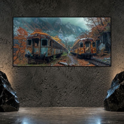 Tablou living elegant „Twin Ruins” pe sticlă securizată – mockup într-un living modern