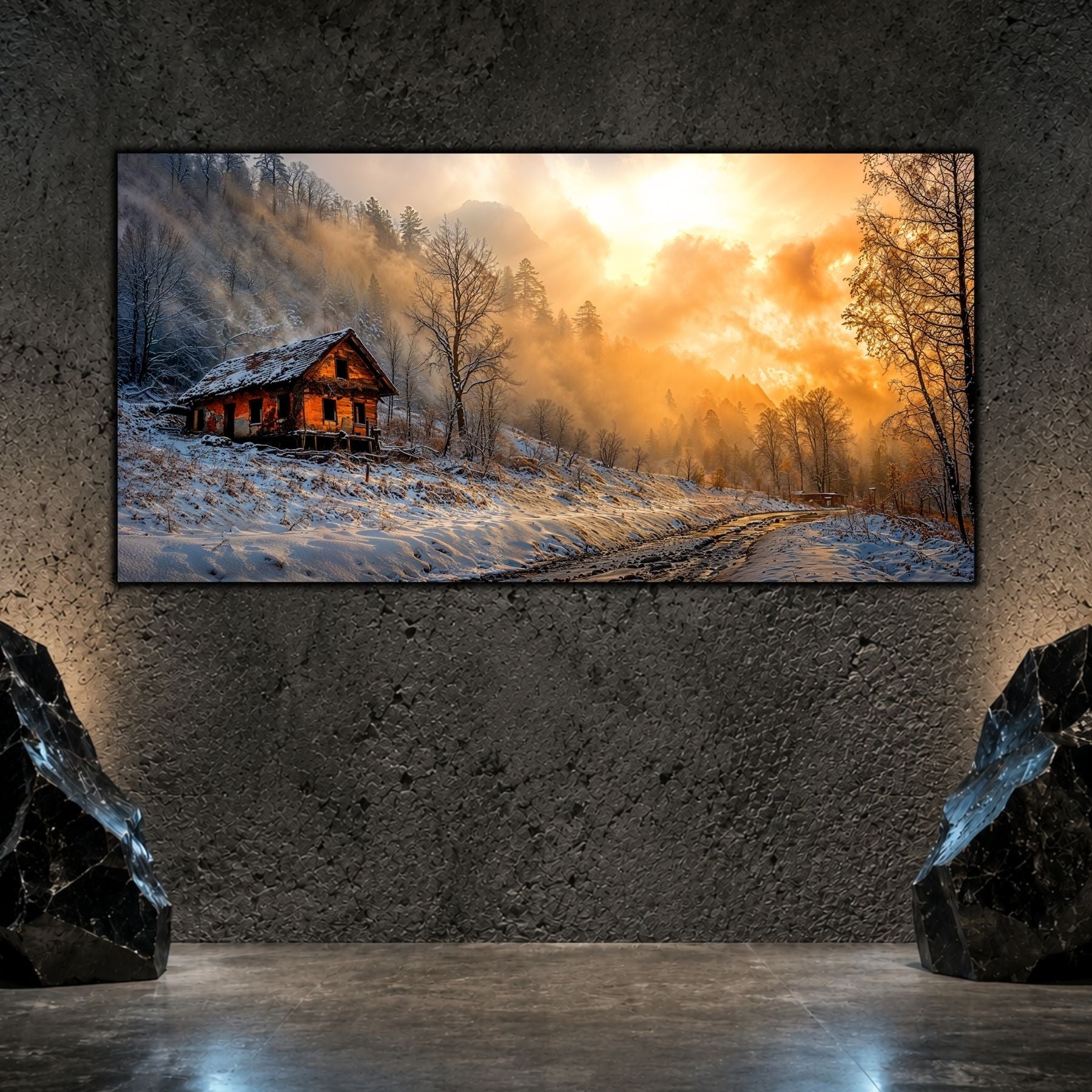 Tablou living elegant „Where the Road Ends” pe sticlă securizată – mockup într-un living modern