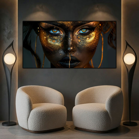 Tablou living modern Ritual Shadow printat in conditii de top, deasupra a doua fotolii albe, contrastand puternic cu lumina, aducand farmec si mister spatiului tau. 