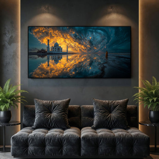 Tablouri Living Sticlă – City of Golden Branches, un oraș palid și un arbore incandescent, reflectate într-o apă nemișcată, artwork pe sticlă securizată
